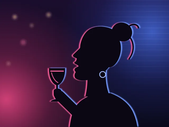 Silhouette of a woman holding a glass of wine, lit in pink and blue